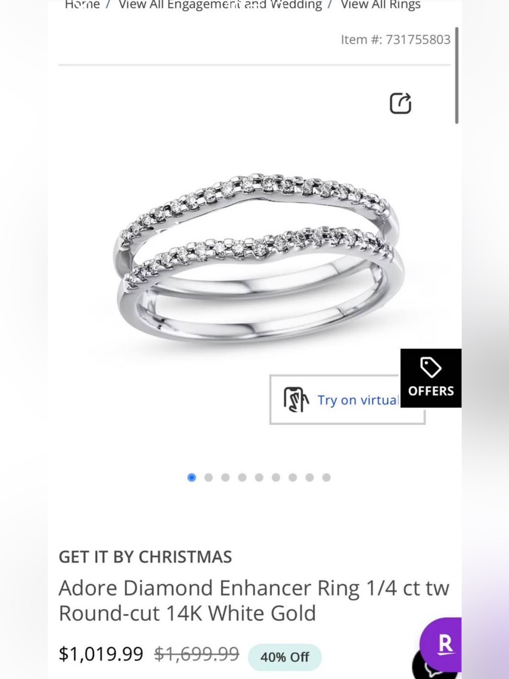 White Gold Halo Engagement Ring + enhancer 14k white gold natural diamonds (Kay) - Picture 10 of 12